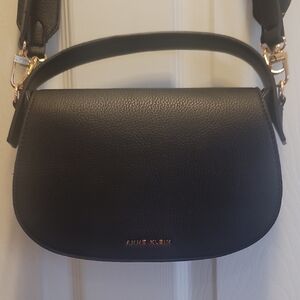 Anne Klein Black 3 Strap Small Saddle Bag Pebbled Faux Leather Crossbody